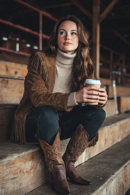 A curvy woman wears a turtleneck sweater under a suede fringe jacket, dark jeans, and pointed-toe cowboy boots, holding a hot drink in a barn concert setting 