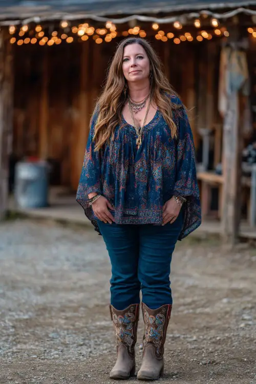A curvy woman wears dark blue bootcut jeans with a flowy bohemian blouse, paired with cowboy boots and layered necklaces, standing near a wooden barn stage glowing with string lights 