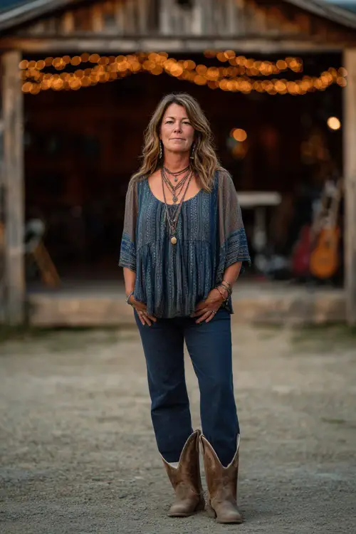 A curvy woman wears dark blue bootcut jeans with a flowy bohemian blouse, paired with cowboy boots and layered necklaces, standing near a wooden barn stage glowing with string lights 