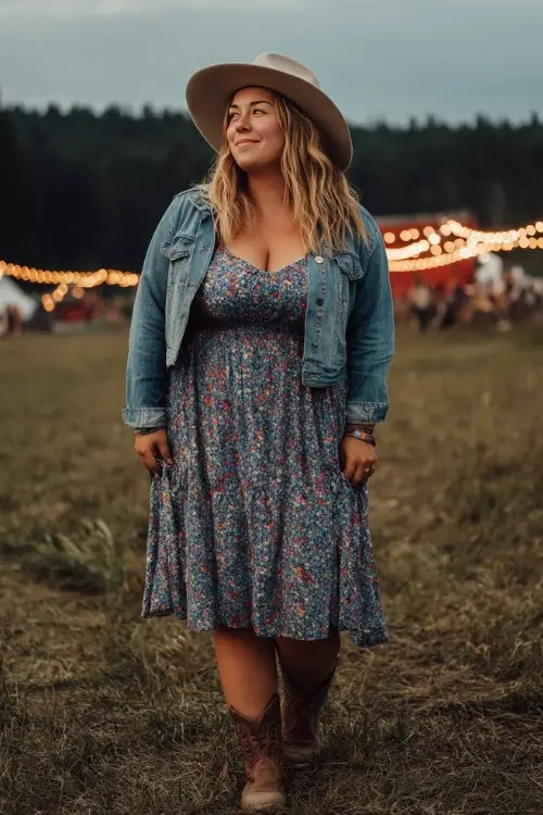A plus-size woman wears a boho-inspired floral midi dress styled with a denim jacket, western boots, and a floppy hat, enjoying a country concert in a field with string lights 