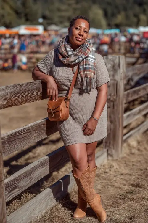 A plus-size woman wears a chic belted knit sweater dress with a plaid blanket scarf, suede cowboy boots, and a crossbody bag, posing by wooden fences at a fall festival concert 