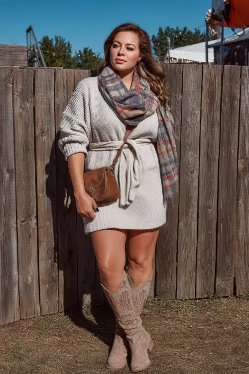 A plus-size woman wears a chic belted knit sweater dress with a plaid blanket scarf, suede cowboy boots, and a crossbody bag, posing by wooden fences at a fall festival concert 