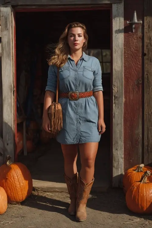 A plus-size woman wears a denim shirt dress cinched with a wide belt, brown cowboy boots, and a fringe crossbody bag, standing by a rustic barn decorated with pumpkins 