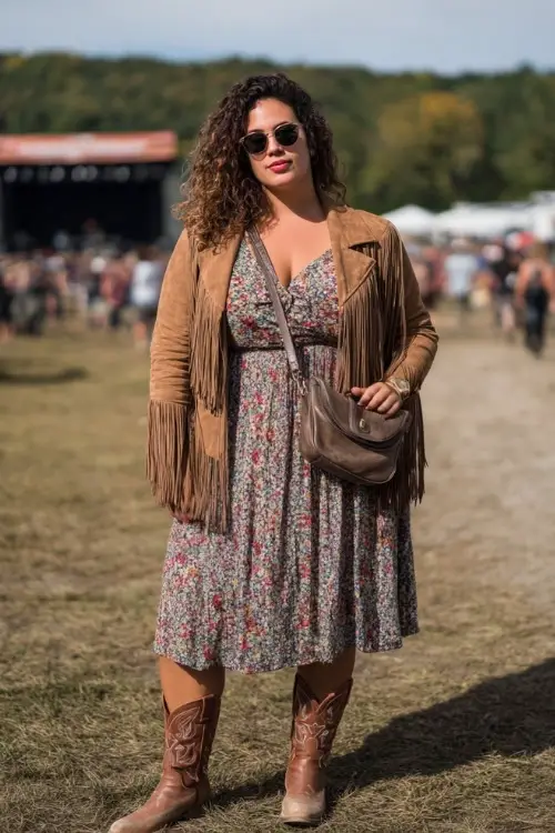 A plus-size woman wears a floral midi wrap dress with a suede fringe jacket and embroidered cowboy boots, holding a crossbody fringe bag at an outdoor fall concert 