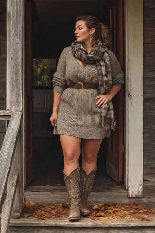 A plus-size woman wears a knit sweater dress belted at the waist, plaid scarf draped over her shoulders, and classic cowboy boots, standing on a wooden porch with fall leaves 