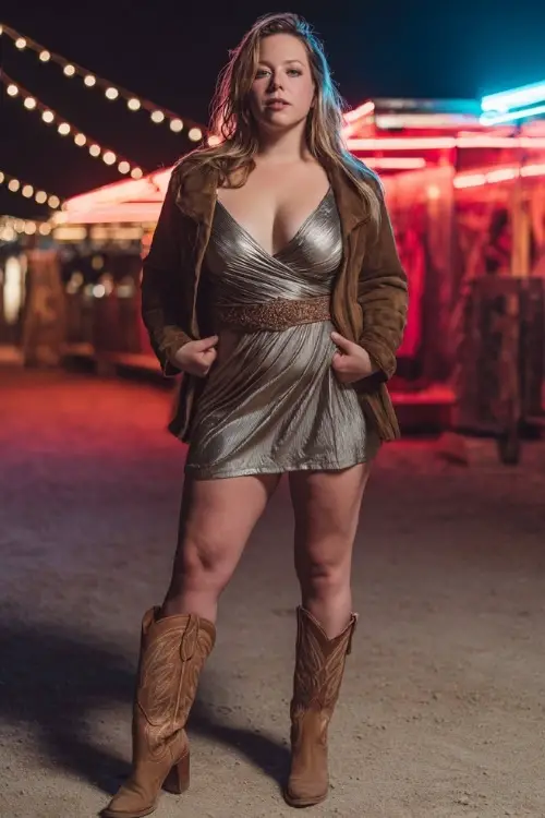 A plus size woman wears a metallic wrap dress with a western belt, styled with tall cowboy boots and a leather jacket, standing under glowing neon lights at a night concert stage 
