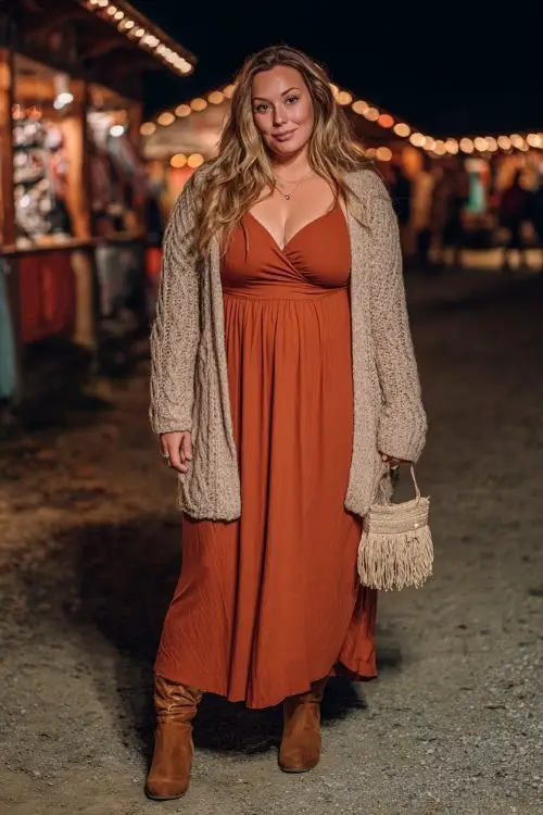 A plus-size woman wears a rust-orange maxi dress layered with a chunky knit cardigan, suede boots, and a crossbody fringe bag, standing by glowing fall festival lights 