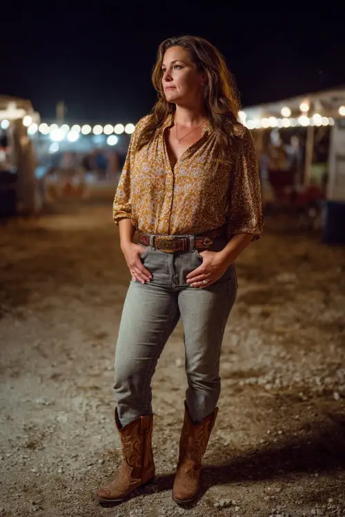 A plus size woman wears high-rise straight-leg jeans with a glittery blouse tucked in, styled with a western belt and cowboy boots, standing under glowing country lights at a fall concert 