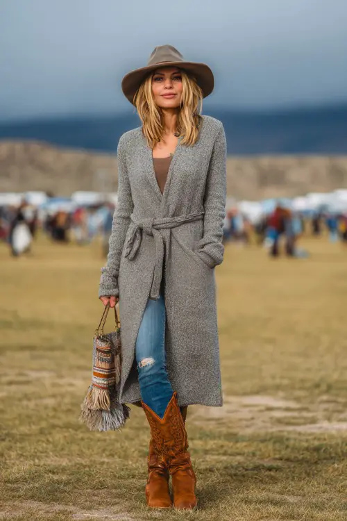 A woman over 30 wears a belted long cardigan over jeans, suede ankle cowboy boots, and a felt hat, holding a fringed bag in a chilly open-air concert field