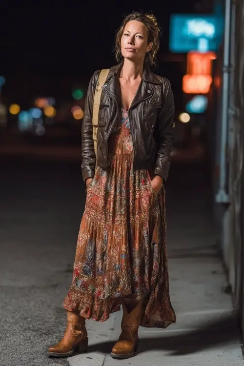 A woman over 30 wears a bohemian maxi dress layered with a leather jacket, styled with cowboy boots and a crossbody bag, standing by a glowing stage at midnight 