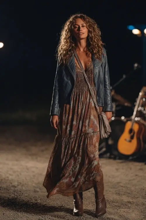 A woman over 30 wears a bohemian maxi dress layered with a leather jacket, styled with cowboy boots and a crossbody bag, standing by a glowing stage at midnight 