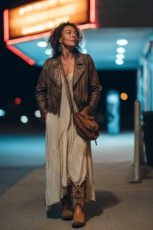 A woman over 30 wears a bohemian maxi dress layered with a leather jacket, styled with cowboy boots and a crossbody bag, standing by a glowing stage at midnight
