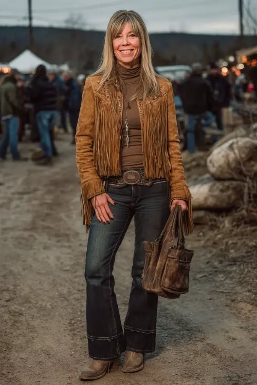 A woman over 40 wears a suede fringe jacket over a knit turtleneck, paired with dark bootcut jeans and cowboy boots, holding a leather bag at a lantern-lit country concert 