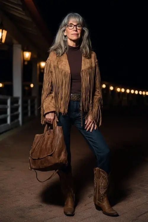 A woman over 40 wears a suede fringe jacket over a knit turtleneck, paired with dark bootcut jeans and cowboy boots, holding a leather bag at a lantern-lit country concert