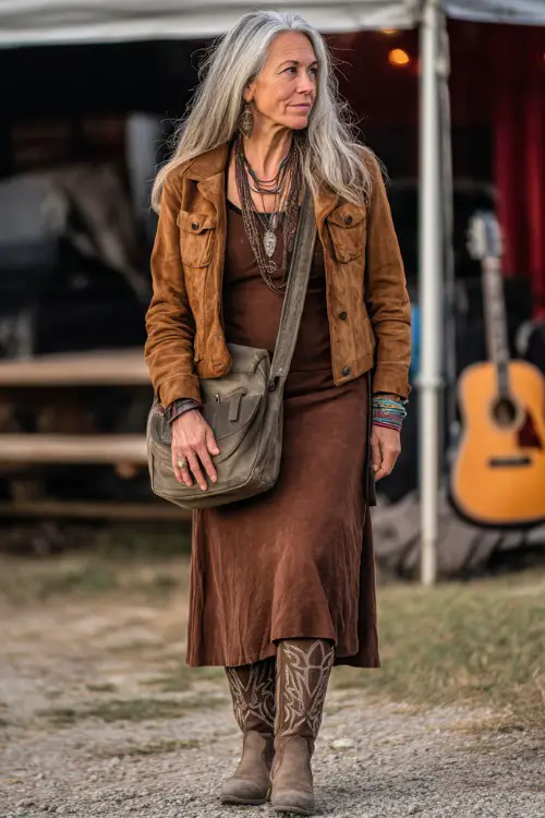 A woman over 50 wears a long sleeve midi dress with a suede jacket, tall cowboy boots, and layered necklaces, styled with a crossbody leather bag at a fall country concert 