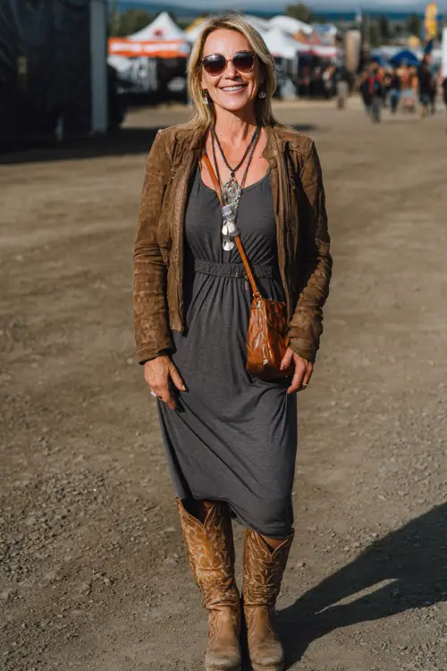 A woman over 50 wears a long sleeve midi dress with a suede jacket, tall cowboy boots, and layered necklaces, styled with a crossbody leather bag at a fall country concert 