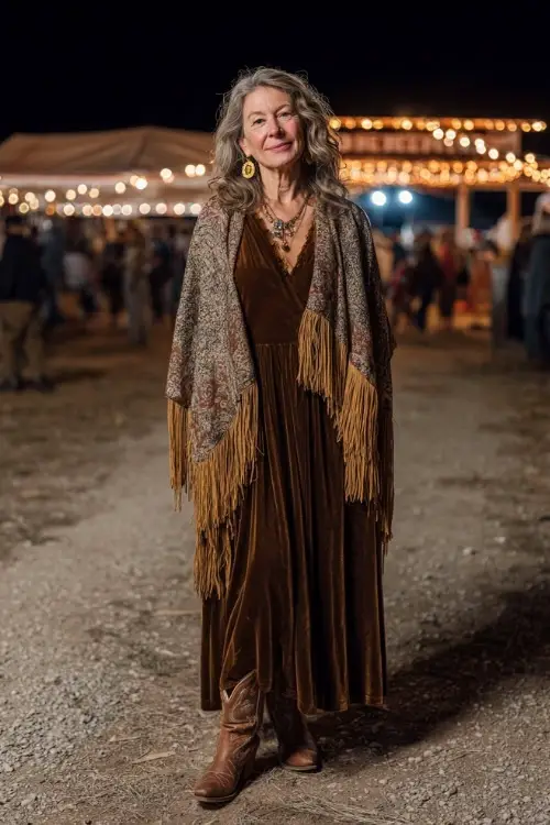 A woman over 50 wears a long velvet dress with a fringed shawl, styled with tall cowboy boots and statement earrings, standing in front of a country concert stage glowing with night lanterns 