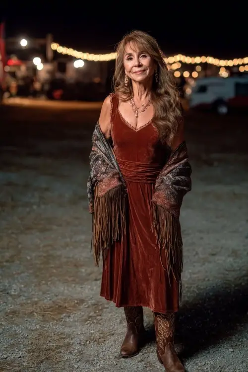 A woman over 50 wears a long velvet dress with a fringed shawl, styled with tall cowboy boots and statement earrings, standing in front of a country concert stage glowing with night lanterns 