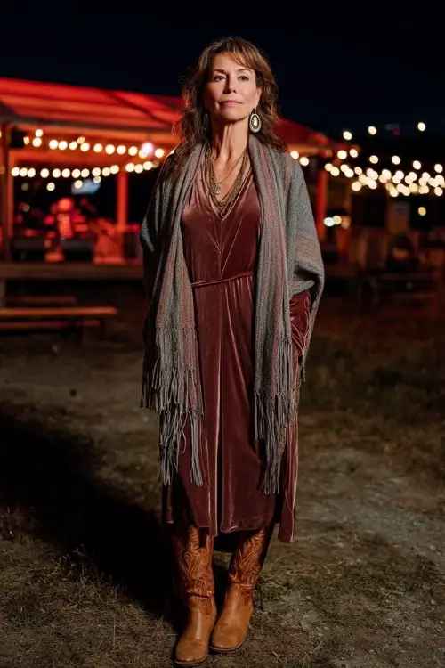 A woman over 50 wears a long velvet dress with a fringed shawl, styled with tall cowboy boots and statement earrings, standing in front of a country concert stage glowing with night lanterns 
