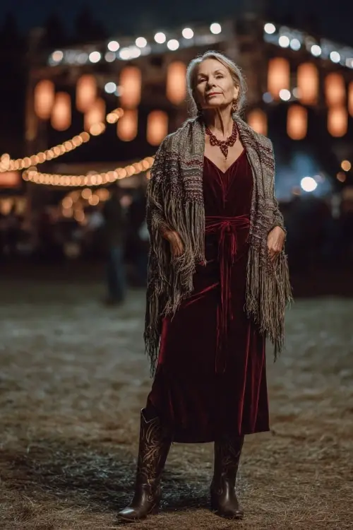 A woman over 50 wears a long velvet dress with a fringed shawl, styled with tall cowboy boots and statement earrings, standing in front of a country concert stage glowing with night lanterns 