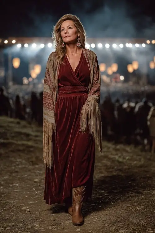 A woman over 50 wears a long velvet dress with a fringed shawl, styled with tall cowboy boots and statement earrings, standing in front of a country concert stage glowing with night lanterns 