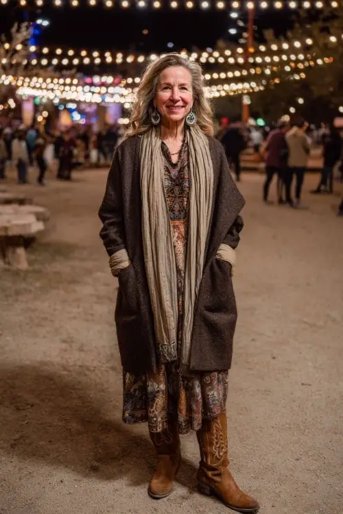A woman over 50 wears a wool wrap coat over a bohemian maxi dress, styled with suede cowboy boots and statement earrings, standing under glowing night lights at a fall concert 