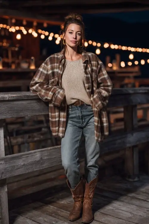 A woman wears a belted plaid shacket layered over a cozy sweater and jeans, paired with cowboy boots and hoop earrings, standing near a wooden stage lit with lanterns 