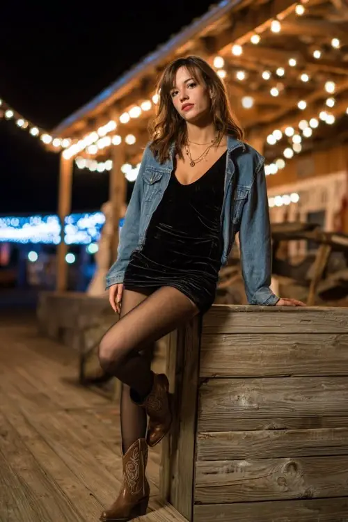 A woman wears a black velvet mini dress with sheer tights, styled with a denim jacket and pointed western boots, standing on a wooden stage glowing with country lights 