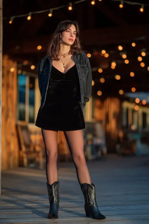 A woman wears a black velvet mini dress with sheer tights, styled with a denim jacket and pointed western boots, standing on a wooden stage glowing with country lights