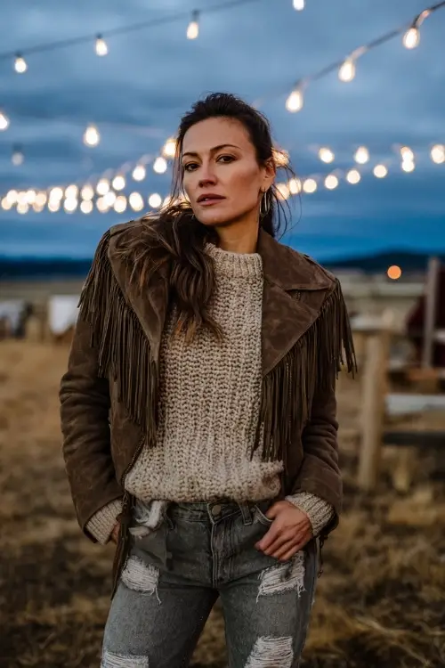 A woman wears a chunky knit sweater tucked into distressed jeans, styled with a fringe suede jacket and western boots, standing in a cold fall field under string lights 