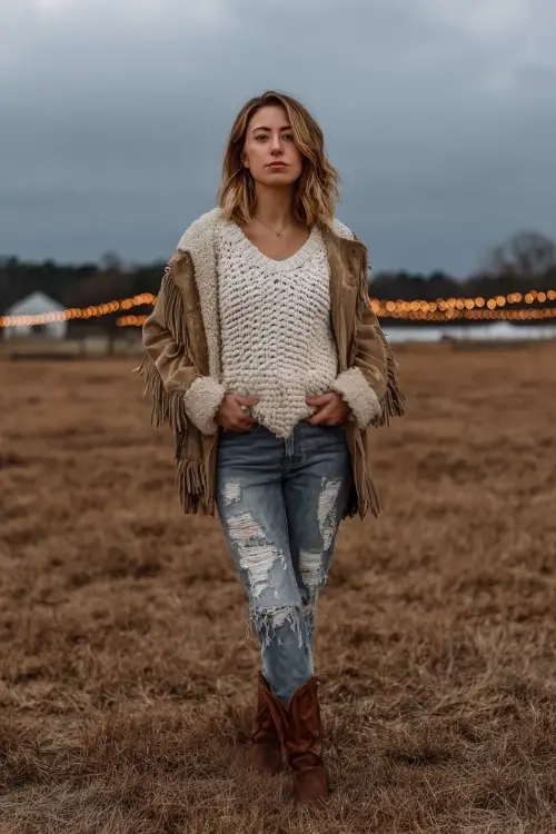 A woman wears a chunky knit sweater tucked into distressed jeans, styled with a fringe suede jacket and western boots, standing in a cold fall field under string lights 