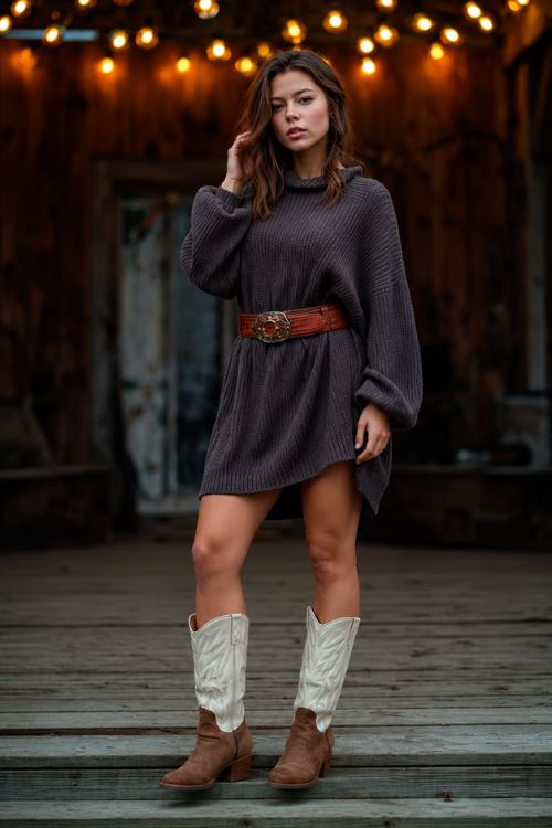 A woman wears a chunky oversized sweater dress with a western belt, tall leather cowboy boots, and a wool cape coat, standing by a wooden stage with country lights
