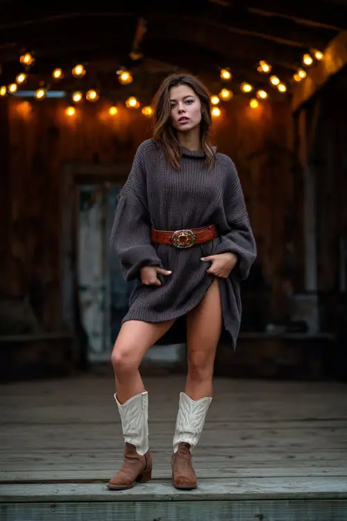 A woman wears a chunky oversized sweater dress with a western belt, tall leather cowboy boots, and a wool cape coat, standing by a wooden stage with country lights 