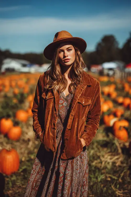 A woman wears a corduroy jacket over a bohemian maxi dress, paired with western boots and a felt hat, standing in a field of pumpkins near a country concert 