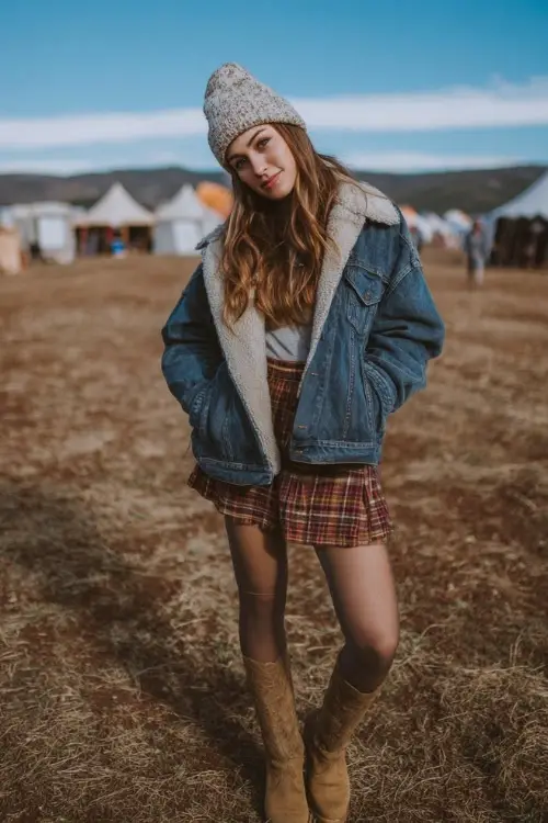 A woman wears a denim shearling jacket over a plaid skirt and tights, styled with western boots and a knit beanie, standing in a chilly autumn field at a music festival 