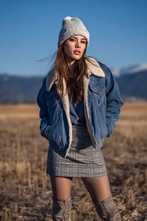 A woman wears a denim shearling jacket over a plaid skirt and tights, styled with western boots and a knit beanie, standing in a chilly autumn field at a music festival 