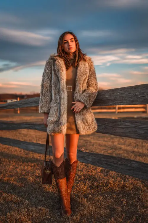 A woman wears a faux fur-trimmed coat over a mini dress, with knee-high cowboy boots and a crossbody leather bag, standing in front of a wooden fence at sunset 