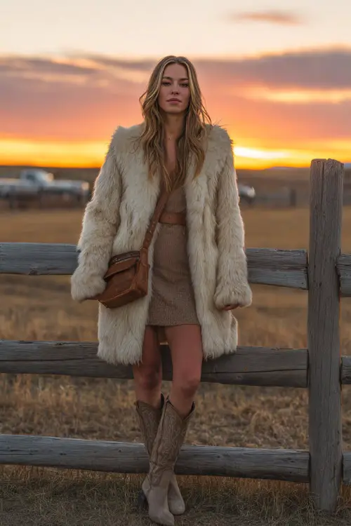 A woman wears a faux fur-trimmed coat over a mini dress, with knee-high cowboy boots and a crossbody leather bag, standing in front of a wooden fence at sunset