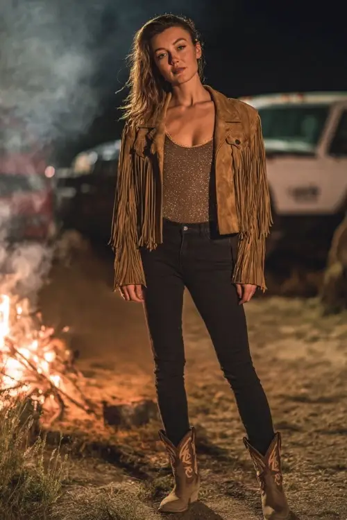 A woman wears a fringe suede jacket over a sparkly tank top and black jeans, styled with pointed-toe cowboy boots, standing near a bonfire at a nighttime country festival 