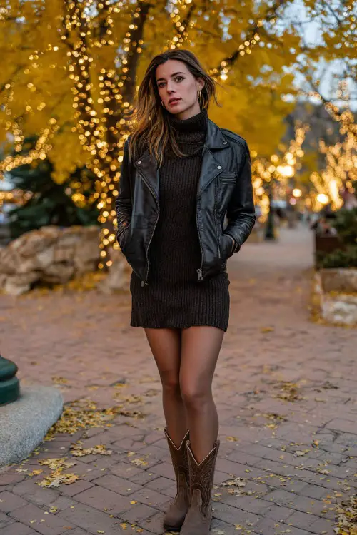 A woman wears a leather moto jacket layered over a knit turtleneck dress, paired with cowboy boots and sheer tights, standing under autumn trees with twinkle lights 