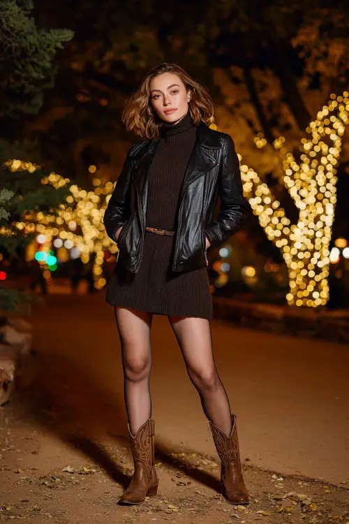 A woman wears a leather moto jacket layered over a knit turtleneck dress, paired with cowboy boots and sheer tights, standing under autumn trees with twinkle lights