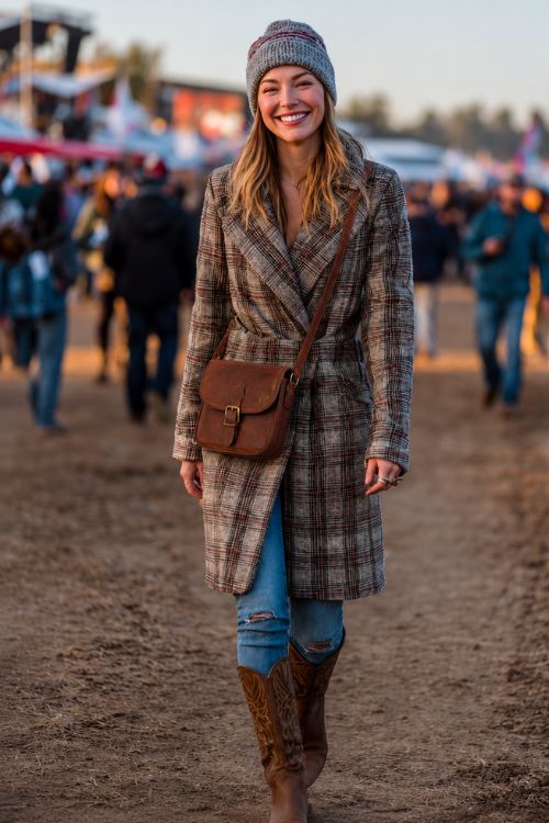 A woman wears a long plaid coat with skinny jeans, suede cowboy boots, and a crossbody bag, styled with a knit beanie at an outdoor music festival stage