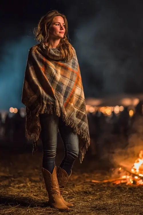 A woman wears a plaid poncho draped over a fitted sweater and skinny jeans, styled with suede cowboy boots, standing by a bonfire at a chilly country night concert 