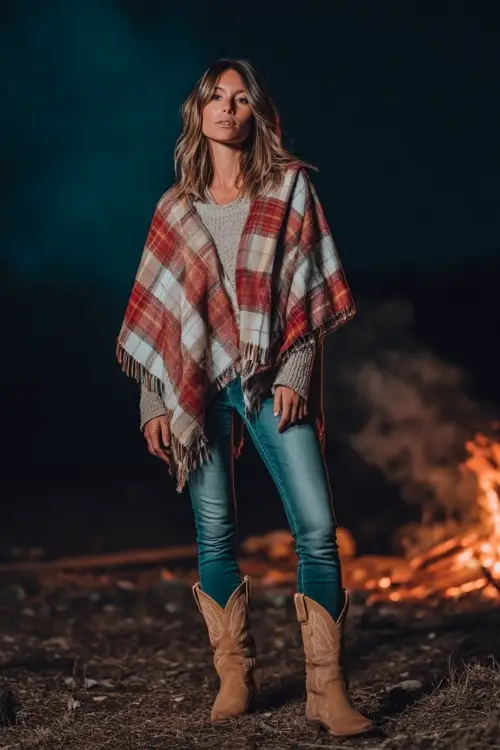A woman wears a plaid poncho draped over a fitted sweater and skinny jeans, styled with suede cowboy boots, standing by a bonfire at a chilly country night concert 