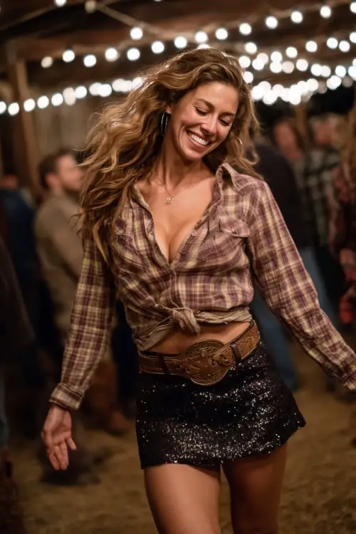 A woman wears a sequin mini skirt with a plaid button-down shirt tucked in, styled with cowboy boots and a leather belt, dancing under string lights at a rustic barn concert 