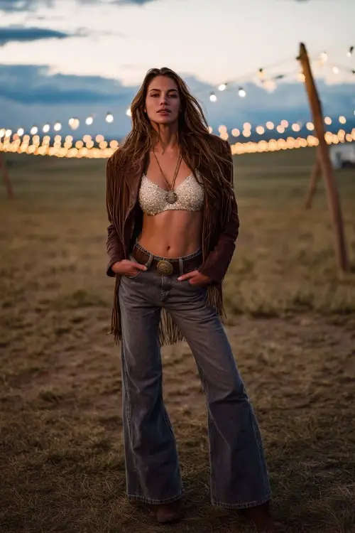 A woman wears a sequined crop top with high-waisted flared jeans, paired with a fringe jacket and cowboy boots, standing in a field under glowing string lights 