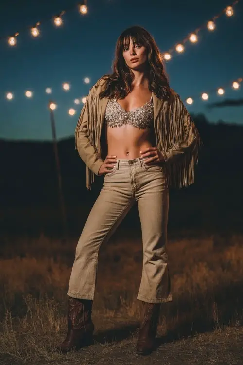 A woman wears a sequined crop top with high-waisted flared jeans, paired with a fringe jacket and cowboy boots, standing in a field under glowing string lights 