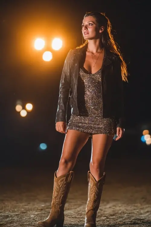 A woman wears a sequined mini dress layered with a leather jacket, paired with tall cowboy boots, standing under glowing stage lights at a nighttime country concert 