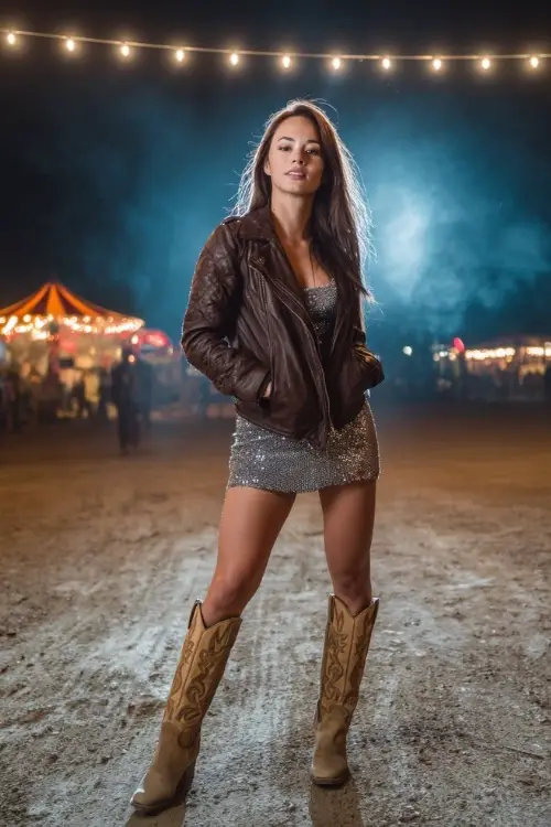 A woman wears a sequined mini dress layered with a leather jacket, paired with tall cowboy boots, standing under glowing stage lights at a nighttime country concert