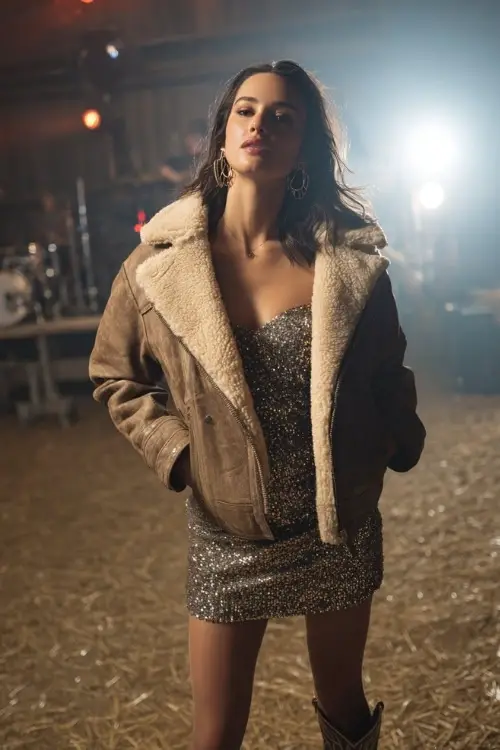 A woman wears a shearling-lined leather jacket over a sequin mini dress, paired with tights and western boots, styled with hoop earrings at a glowing country stage 